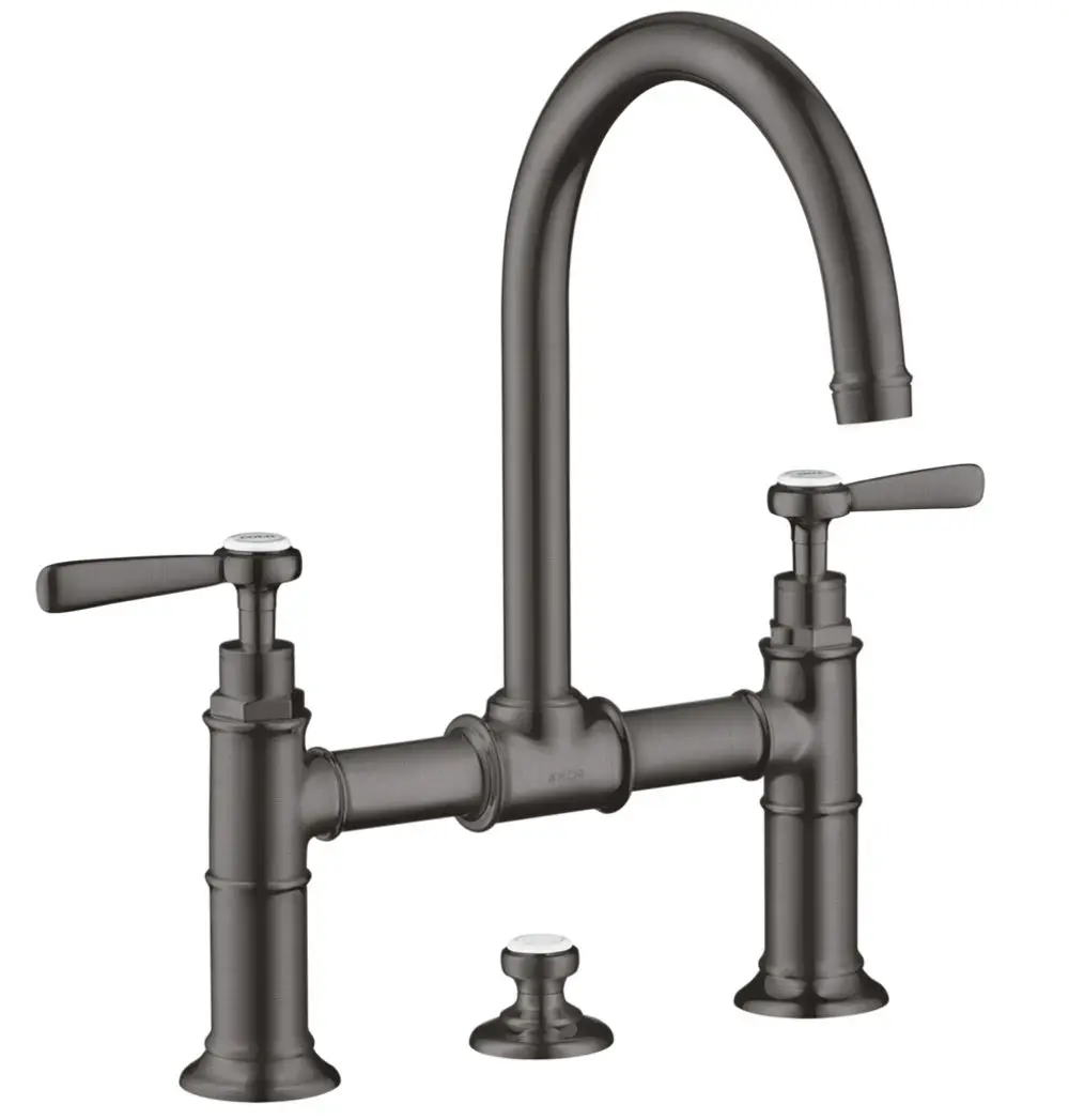 Waschtischarmatur mit zwei Griffen und einer Zugstangen-Ablaufgarnitur in Brushed Black Chrome, hergestellt von AXOR. Verfügbar mit einem hohen, geschwungenen Auslauf.
